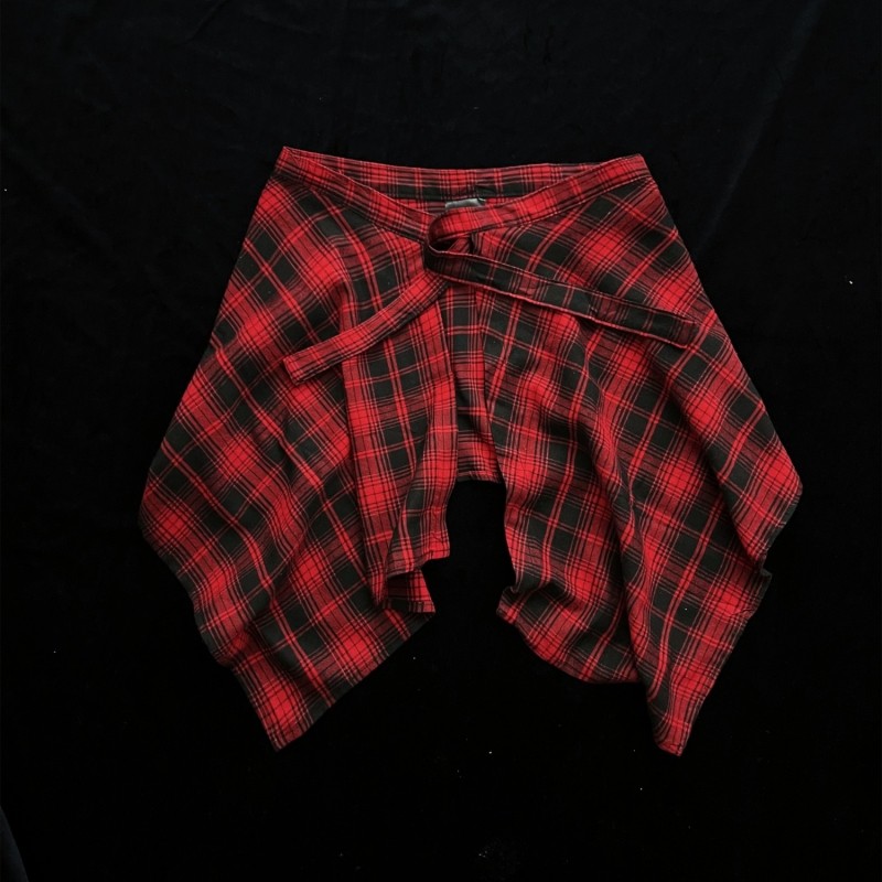 今年流行格子一片式系带屁帘女藏肉神器下摆街舞不规则叠穿男生衫