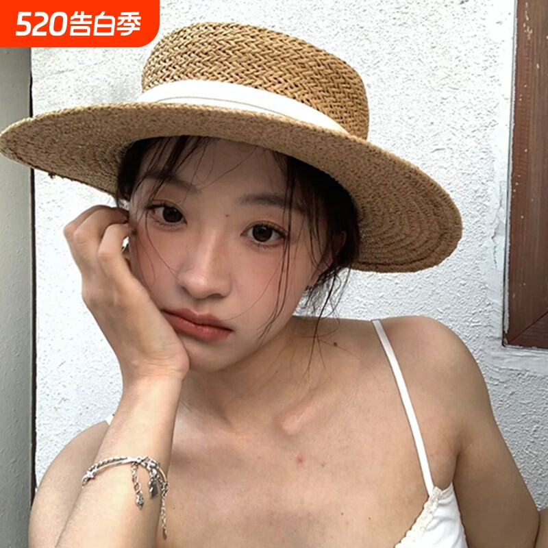 法式平顶草帽女2026夏海边遮阳帽防晒太阳帽子老钱风编织礼帽镂空