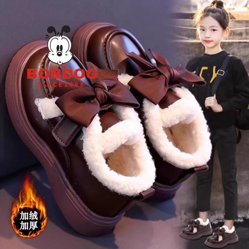 巴布豆真皮女童皮鞋2025冬季新款时尚软底儿童加绒公主雪地棉鞋潮