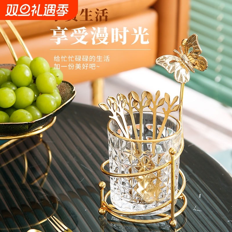 网红叉子小勺子金色树叶收纳罐甜品创意家用可爱蛋糕叉子