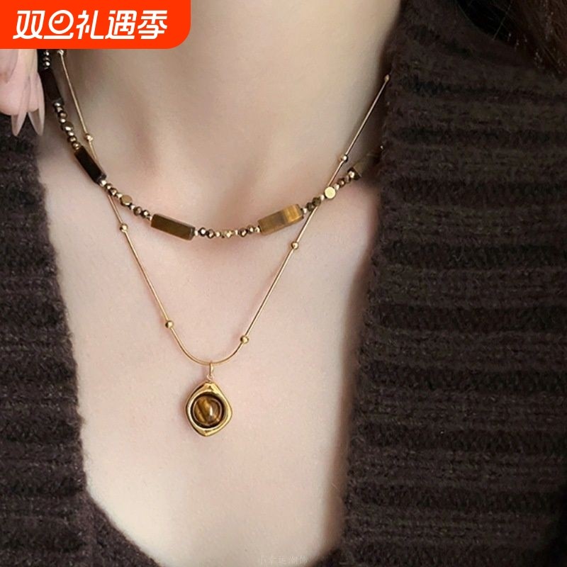 复古气质叠戴虎眼石款吊坠项链女秋冬轻奢双层锁骨链高级感毛衣链