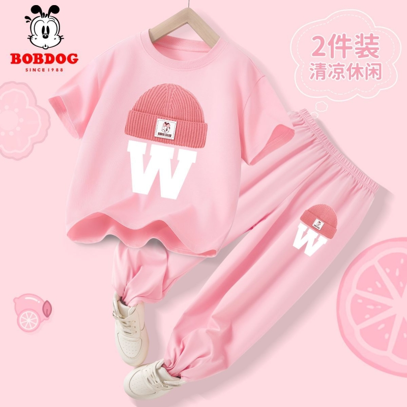 巴布豆女童运动套装夏季新款2025薄款洋气女孩衣服儿童短袖防蚊裤