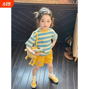 韩范女童短袖t恤超好看2026夏薄款儿童洋气时髦蓝色条纹上衣休闲