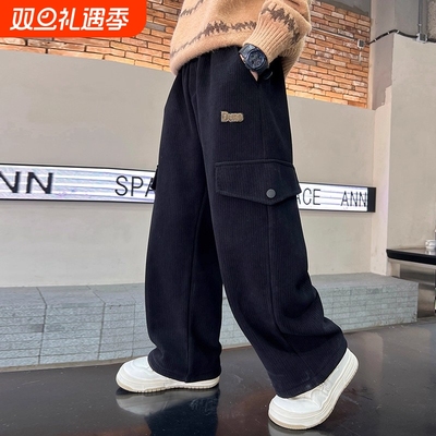 男童加绒裤子秋冬款2025新款中大童冬季灯芯绒运动直筒裤男孩冬装