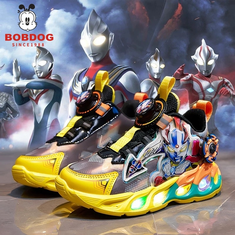 巴布豆真皮赛罗男童鞋曼春秋新款儿童透气双网旋转扣运动鞋子发光