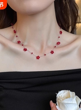 晚睡山野清新莓莓夏日设计小众红色花朵切面串珠项链显白锁骨颈链