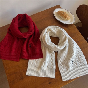 含羊毛围巾秋冬季刺绣麻花男女针织保暖情侣围脖粉色红色灰色白色