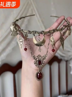 金属绕线重工古铜色神秘月牙项圈中古vintage项链亚文化y2锁骨链