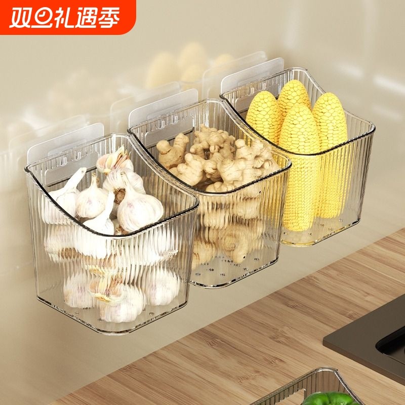 厨房葱姜蒜收纳筐置物架挂篮墙上塑料收纳篮收纳盒壁挂调料免打孔
