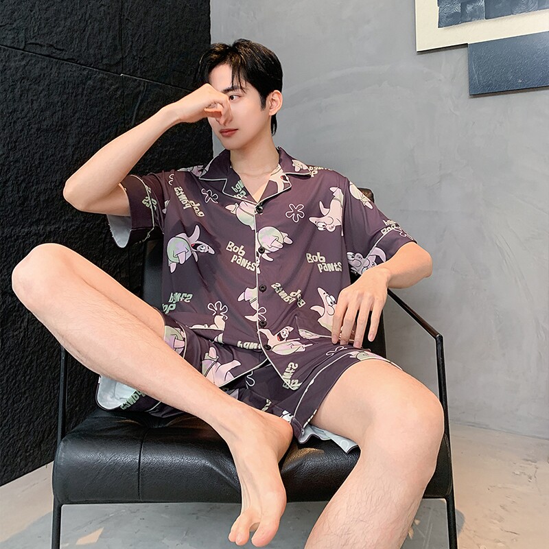 夏季新款2026开衫男士大码薄款冰丝宽松家居服套装睡衣男可外穿