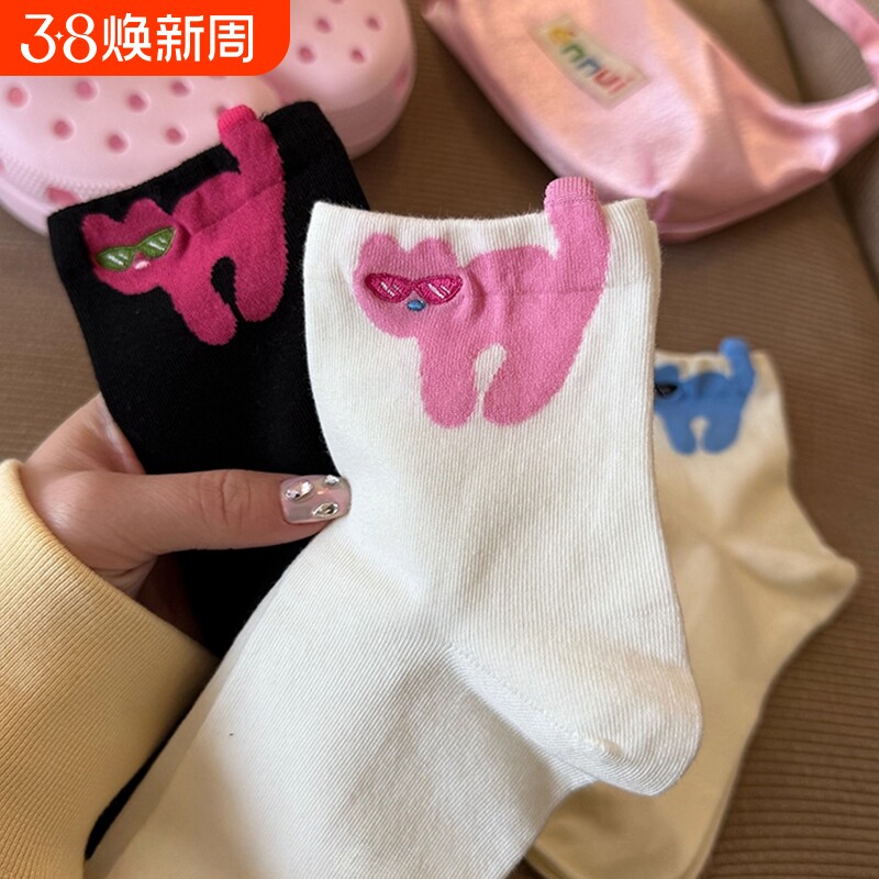 凸凸袜可爱纯棉袜子女士春秋中筒袜吸汗防臭立体耳朵日系卡通长袜