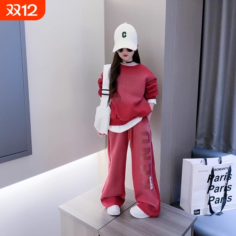 女童男童春秋套装美式洋气中大童运动休闲卫衣卫裤红色喜庆两件套