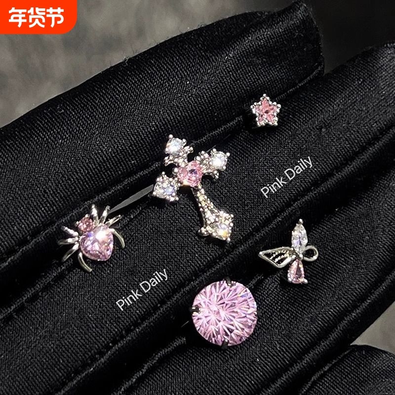 s999足银耳钉女轻奢设计粉色锆石耳饰礼物养耳洞钛钢十字架蜘蛛,饰品/流行首饰/时尚饰品新,耳钉,淘宝优惠券,粉丝福利购,淘宝优惠卷