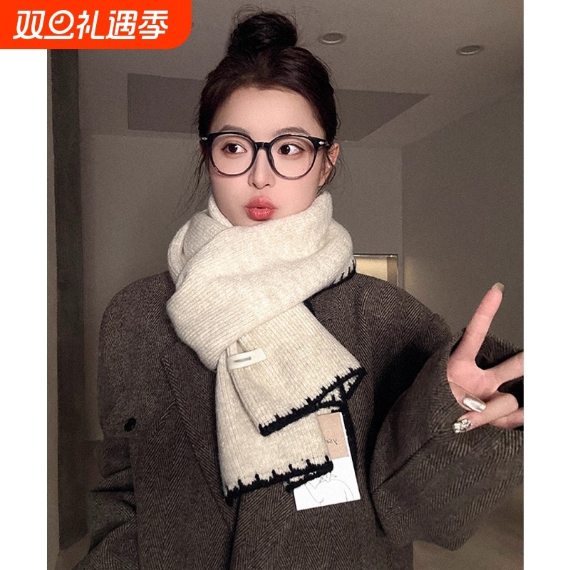 围巾女款2025新款冬季含羊毛混纺正流行百搭保暖围脖灰色白色软糯