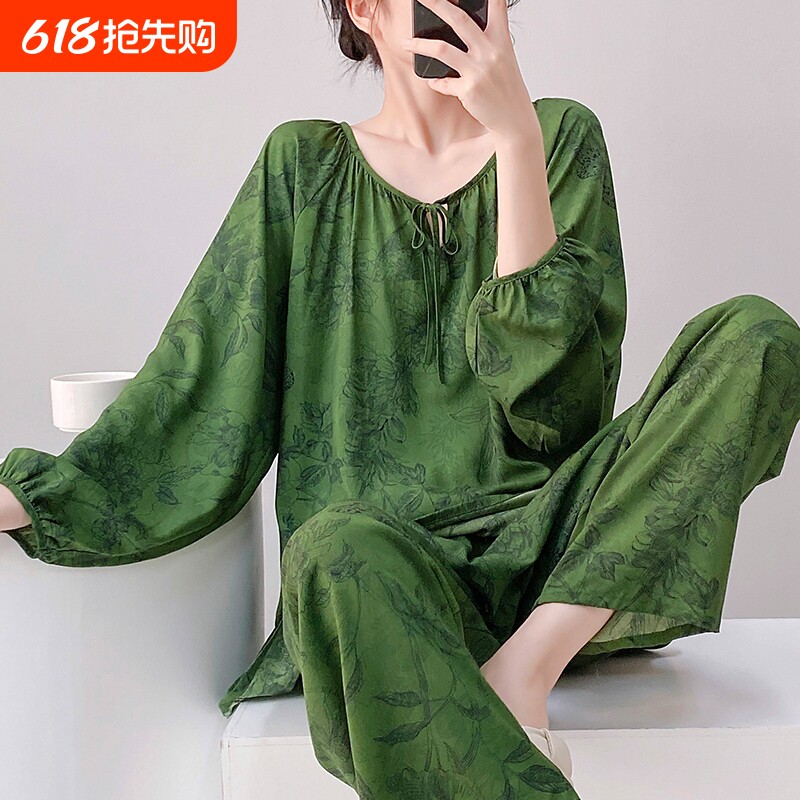 睡衣女夏季薄款棉绸长袖长裤套装宽松大码家居服可外穿休闲两件套