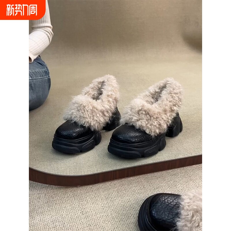 牛皮版~复古秋冬一脚蹬单鞋女真皮加绒厚底高跟毛毛鞋粗跟圆头