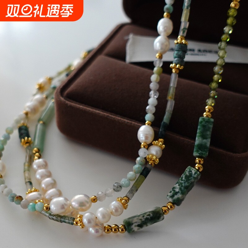 绿东陵玉石项链高级感锁骨链配饰新中式国风气质叠戴天然珍珠颈链
