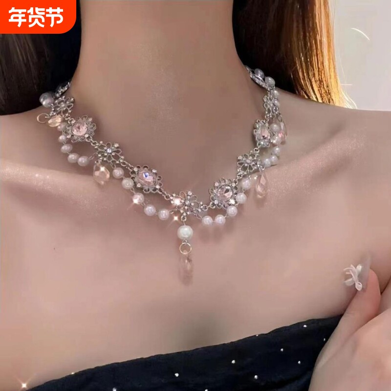 法式超仙水晶珍珠流苏项链 奢华复古月光石项圈 汉服配饰锁骨链
