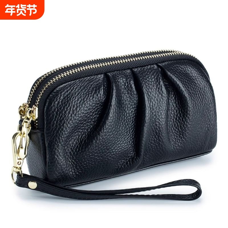 真皮质感气质褶皱款手拿包双层拉链大容量零钱包放手机手拎包长款