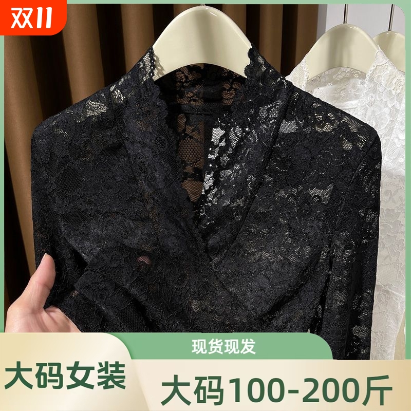 大码V领蕾丝打底衫女裝胖mm2025新款透视镂空网纱内搭长袖t恤上衣