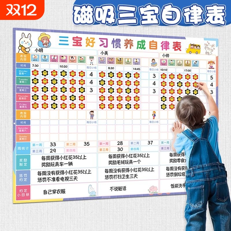 可擦写吸磁二宝三宝自律打卡墙贴