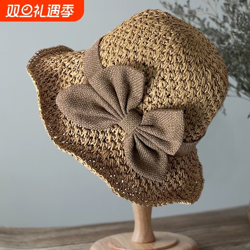 手工编织草帽防晒遮阳帽可折叠夏季出游大檐休闲渔夫帽蝴蝶结帽子