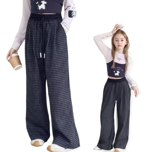 女童秋款方格阔腿裤儿童外穿格格打底裤子弯刀裤直筒休闲长裤T223