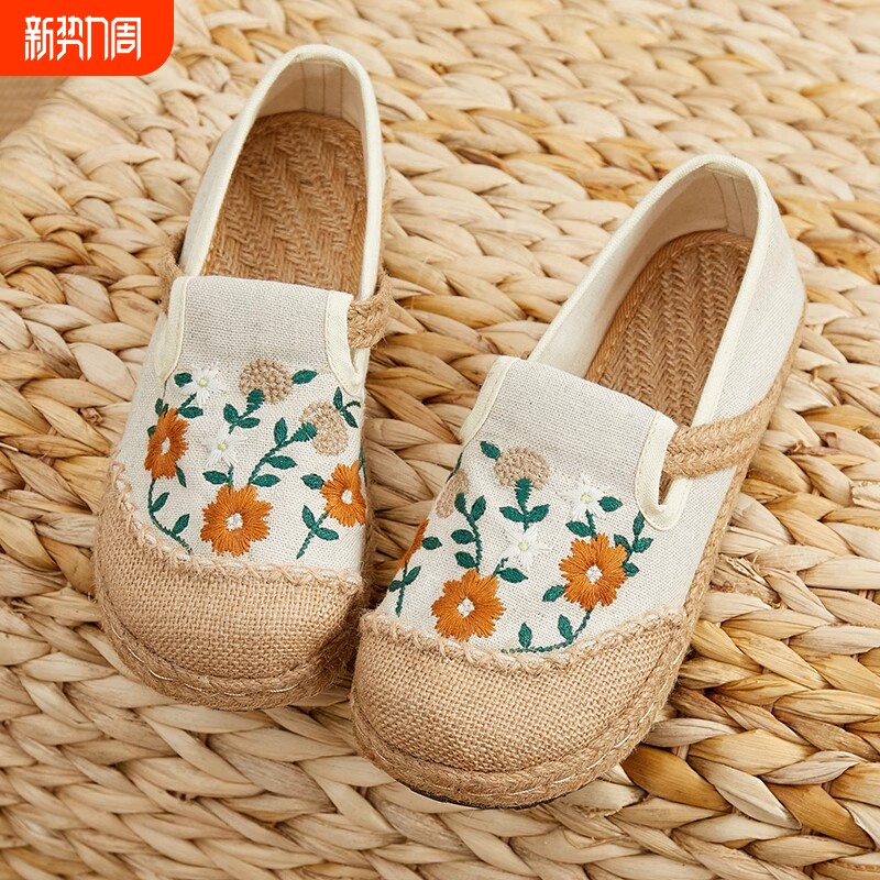 夏季新款老北京布鞋女款亚麻民族风绣花渔夫单鞋一脚蹬学生懒人鞋