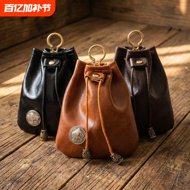 新款复古风抽绳束口零钱包女PU皮小巧耳机钥匙硬币包卡包一体钱包