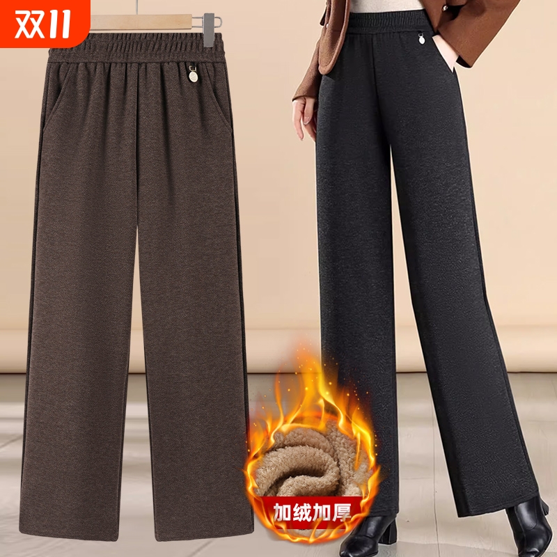妈妈秋冬款毛呢裤子加绒加厚休闲阔腿裤中老年人女裤奶奶直筒长裤