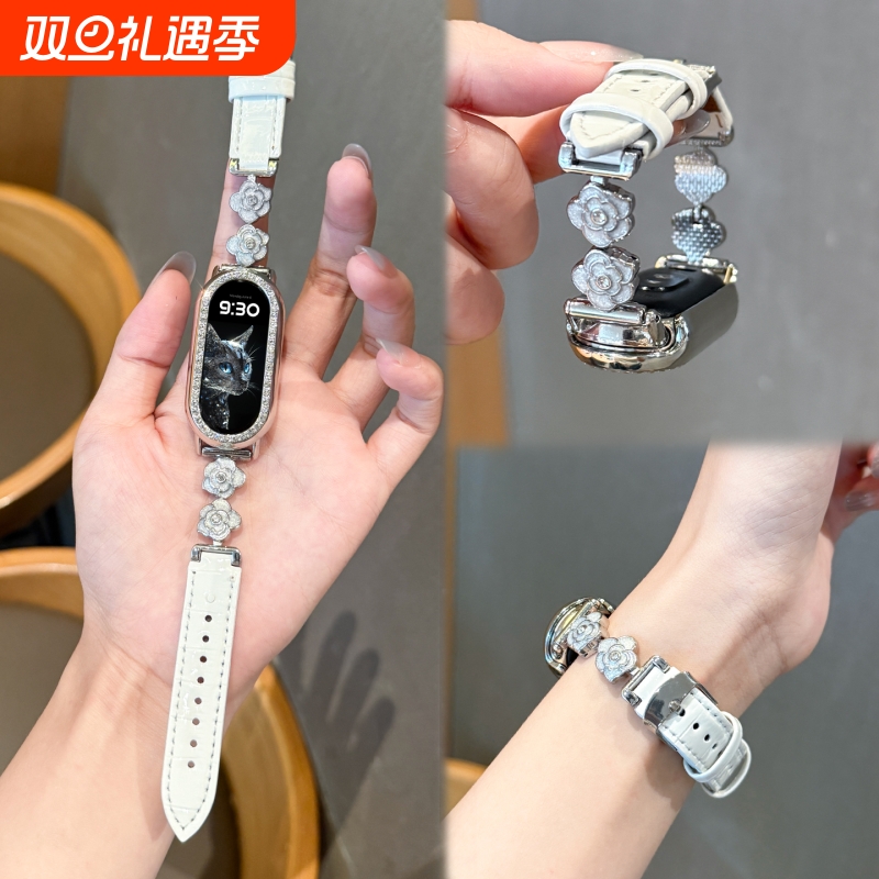 适用小米手环10表带山茶花镶钻轻奢表带9拼竹节纹皮质8女款商务复古风时尚金属扣小米手环替换带透气防汗