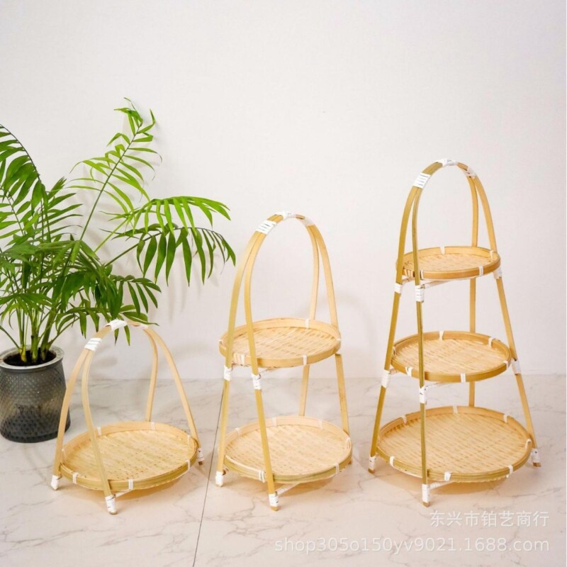 竹编小提篮圆形提手茶点水果篮子糕点托盘创意小竹篮多层竹编篮