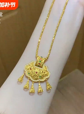 新款久不掉色古法项圈流苏点钻千金锁吊坠平安锁金花丝同心莲项链