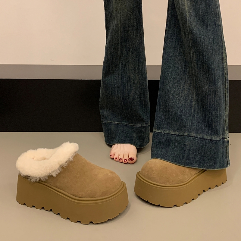 厚底加绒毛毛勃肯鞋女包头半拖外穿2025秋冬新款小个子雪地棉拖鞋
