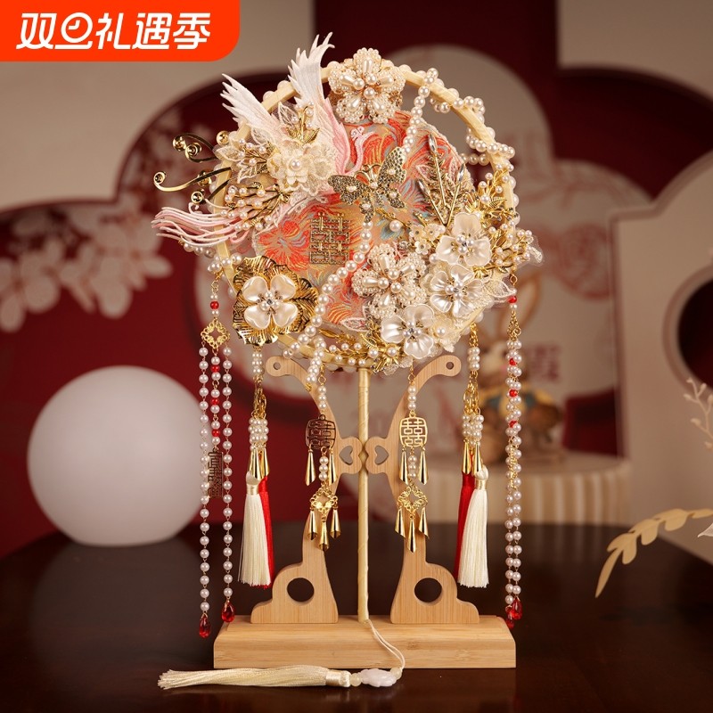 清仓直销diy手工新款长柄中式秀禾扇出嫁遮面双色双面团扇礼品扇