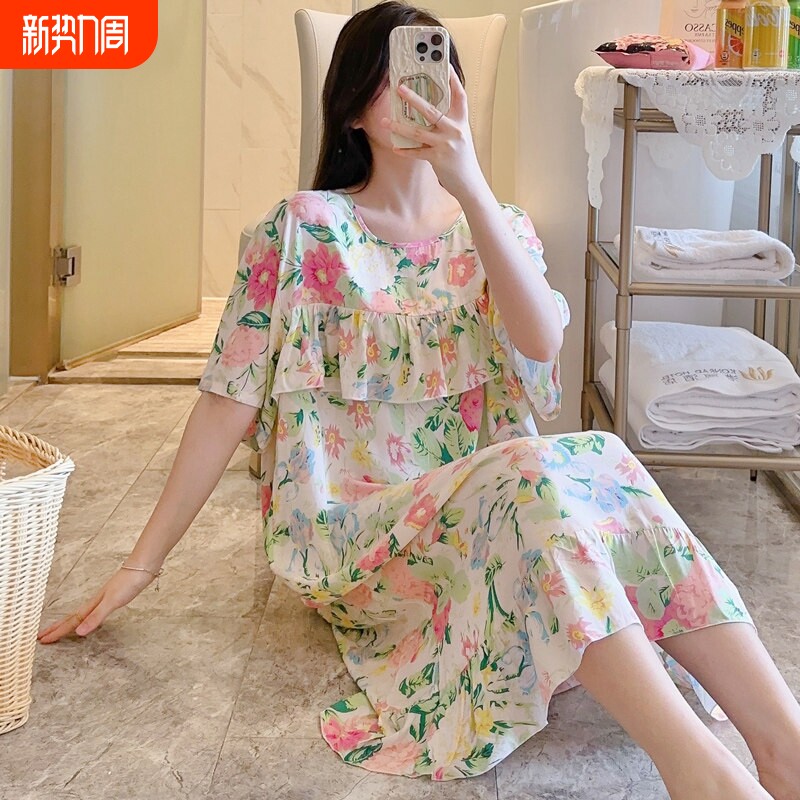 红豆2026年新款防凸点绵绸睡裙女士夏季棉绸连衣裙睡衣大码家舒适
