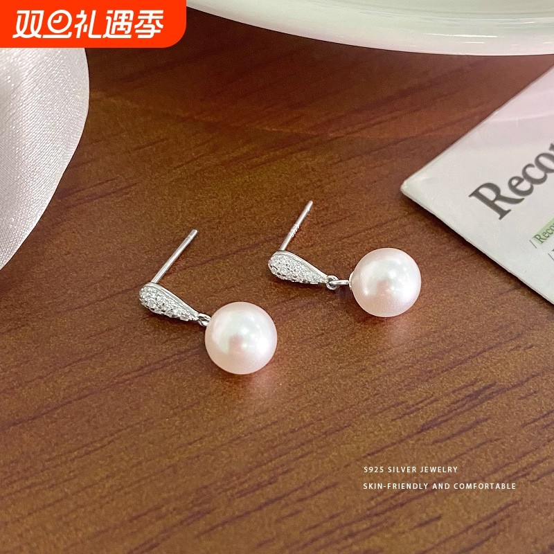 雍程S925纯银轻奢水滴珍珠耳钉女高级感精致气质百搭通勤耳饰代发