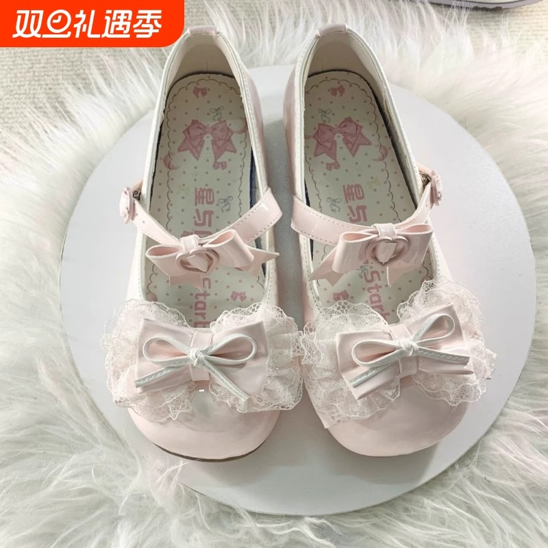 原创lolita鞋子蕾丝蝴蝶结芭蕾圆头低跟洛丽塔小皮鞋JK粉色单鞋女