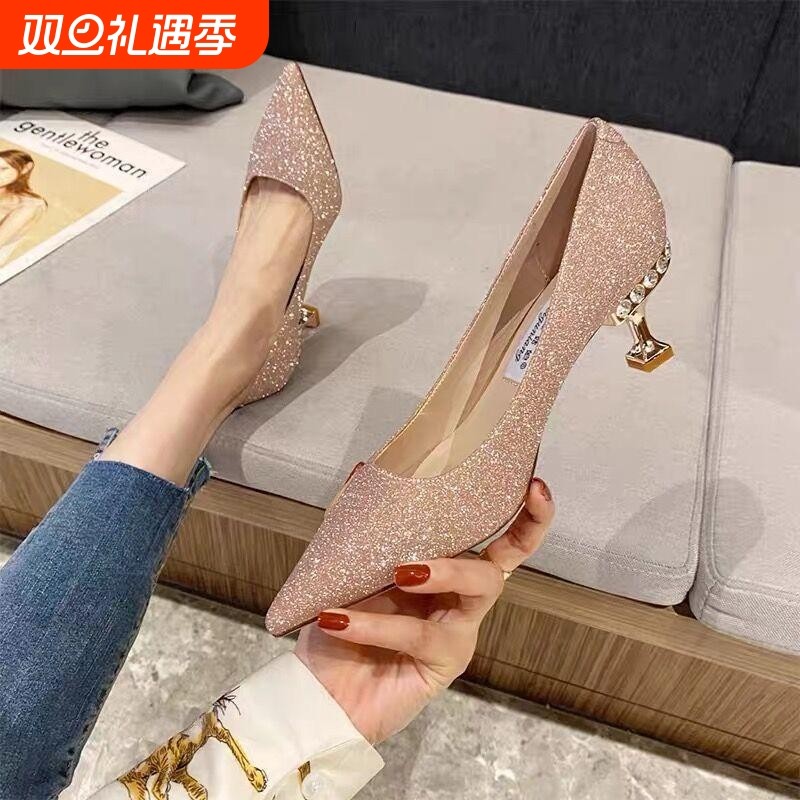 法式水晶银色高跟鞋女生日宴会礼服香槟色婚鞋新娘主婚纱水钻中跟