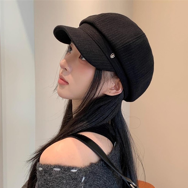 帽子女春秋季韩版八角帽显脸小画家帽复古鸭舌贝雷帽黑色蓝色休闲