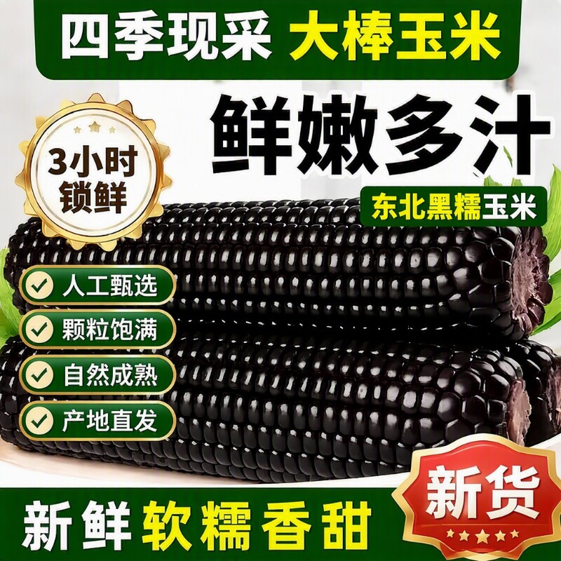 东北黑糯玉米鲜甜糯玉米新鲜黏低脂早餐代餐粗粮香甜即食软糯