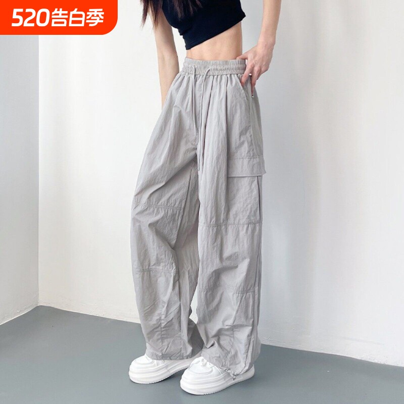 灰色工装阔腿裤女夏季胖mm冰丝速干休闲裤大码宽松显瘦运动直筒裤