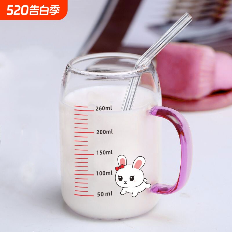 儿童牛奶杯带刻度宝宝奶杯家用微波炉可加热早餐耐高温玻璃杯吸管