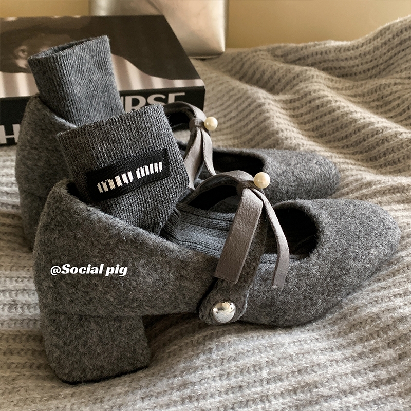 高级灰~秋冬穿搭yyds！晚晚风温柔呢子料单鞋加绒蝴蝶结玛丽珍鞋