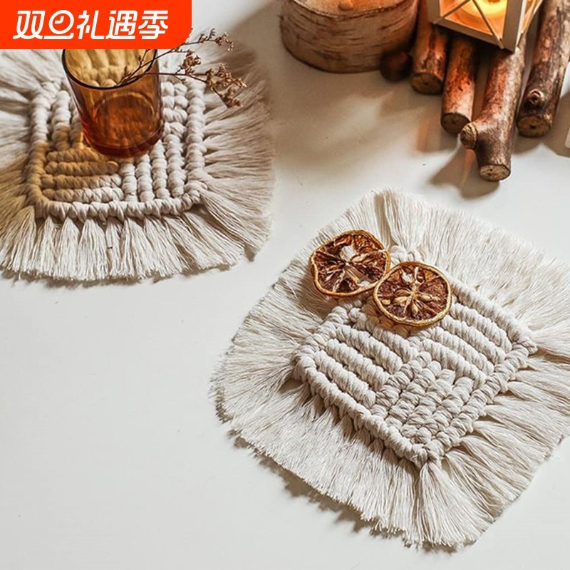 编织棉绳隔热垫子方形流苏餐桌垫隔热茶杯垫咖啡垫装饰
