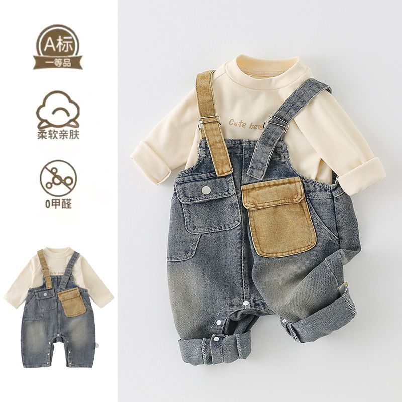 新起点服饰婴儿衣服牛仔背带裤套装男宝宝春季韩版洋气外出连体裤