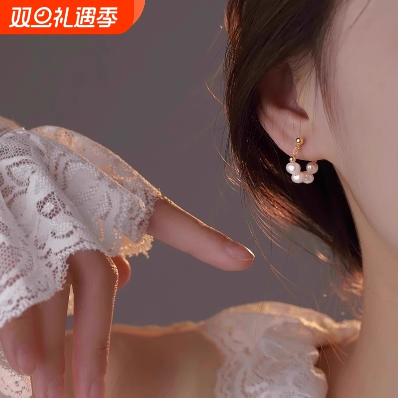 925银针珍珠耳圈女法式高级小众时尚百搭气质大气轻奢耳环精致
