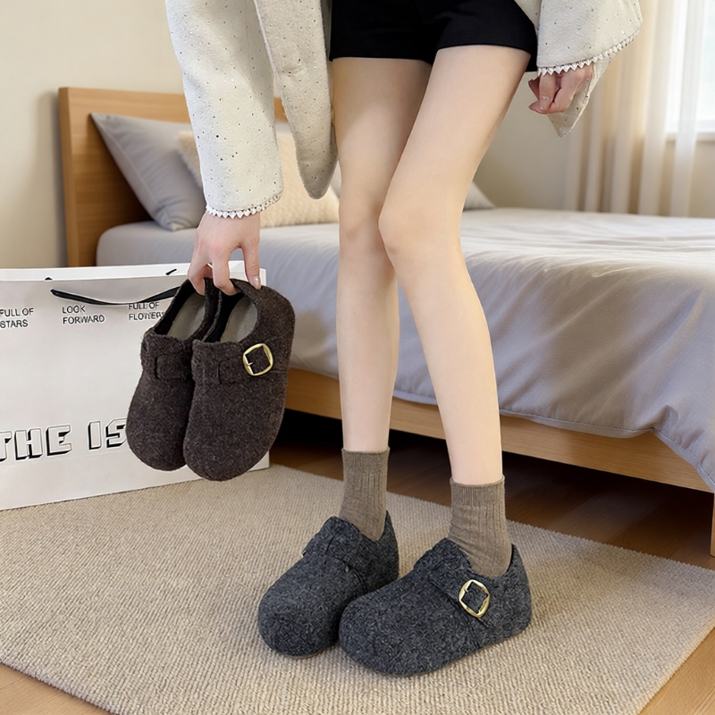 厚底增高灰色加绒勃肯鞋女2025秋冬新款毛呢鞋保暖博肯棉鞋毛绒