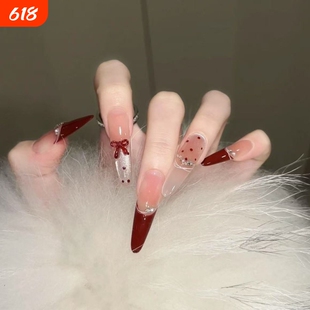 秋冬显白波点法式穿戴甲长款美甲贴片红色椭圆杏仁蝴蝶结带钻固态
