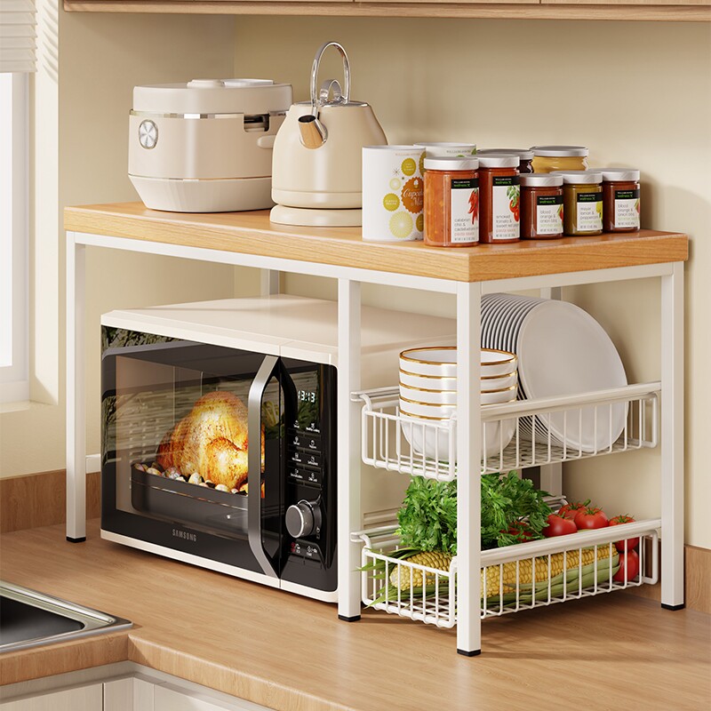 微波炉置物架厨房台面烤箱电饭锅一体架多层抽拉放蔬菜碗碟储物架